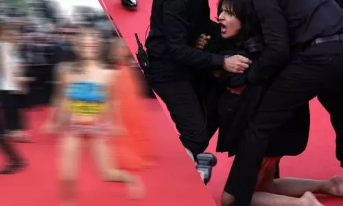 கேன்ஸ் படவிழாவில் அரை நிர்வாணமாக போராடிய பெண்