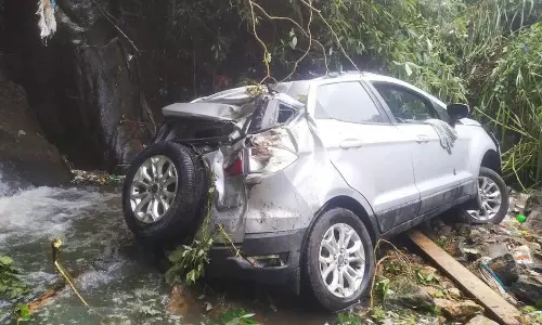 கொடைக்கானல் மலைப்பாதையில் 50 அடி பள்ளத்தில் பாய்ந்த கார் கொடைக்கானல் மலைப்பாதையில் 50 அடி பள்ளத்தில் பாய்ந்த கார்