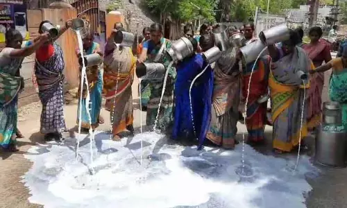 சாலையில் பாலை கொட்டி பெண்கள் போராட்டம்