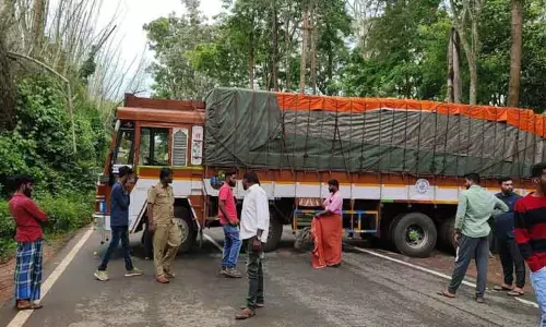 பழுதாகி நின்ற சரக்கு லாரியால் 1 மணி நேரம் போக்குவரத்து பாதிப்பு பழுதாகி நின்ற சரக்கு லாரியால் 1 மணி நேரம் போக்குவரத்து பாதிப்பு