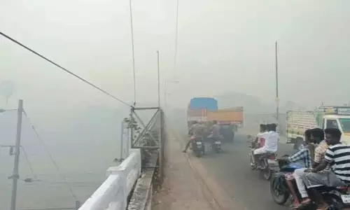 கோரைபுற்களுக்கு வைக்கப்பட்ட தீயால் சாலையில் புகை மூட்டம் கோரைபுற்களுக்கு வைக்கப்பட்ட தீயால் சாலையில் புகை மூட்டம்