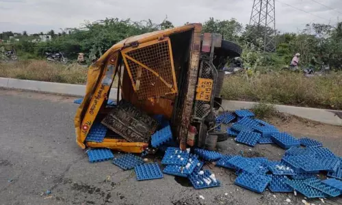 லாரி மோதியதில் முட்டை ஏற்றிச்சென்ற வாகனம் கவிழ்ந்து விபத்து லாரி மோதியதில் முட்டை ஏற்றிச்சென்ற வாகனம் கவிழ்ந்து விபத்து