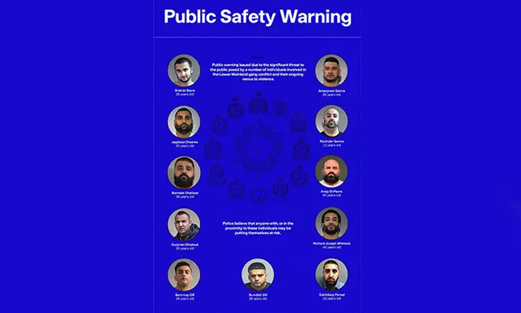 கனடா போலீசார் வெளியிட்ட வன்முறை கும்பல் பட்டியலில் இடம்பெற்ற இந்திய வம்சாவளியினர்..!! கனடா போலீசார் வெளியிட்ட வன்முறை கும்பல் பட்டியலில் இடம்பெற்ற இந்திய வம்சாவளியினர்..!!