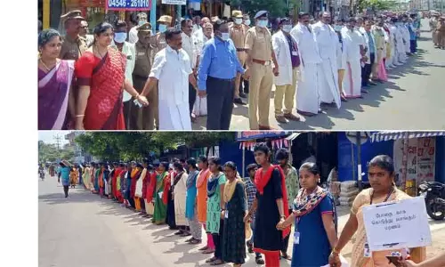 போதைப்பொருள் தடுப்பு விழிப்புணர்வு குறித்து தேனியில் 10 ஆயிரம் பேர் பங்கேற்ற மனித சங்கிலி போதைப்பொருள் தடுப்பு விழிப்புணர்வு குறித்து தேனியில் 10 ஆயிரம் பேர் பங்கேற்ற மனித சங்கிலி
