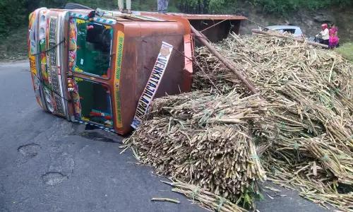 திம்பம் மலைப்பாதையில் கரும்பு லாரி கவிழ்ந்து விபத்து- 3 மணி நேரம் போக்குவரத்து பாதிப்பு