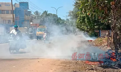புகைமண்டலமாக காட்சி அளித்த தஞ்சை-புதுக்கோட்டை சாலை புகைமண்டலமாக காட்சி அளித்த தஞ்சை-புதுக்கோட்டை சாலை