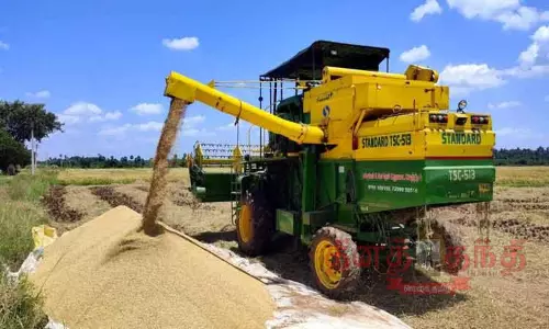 கோபி சுற்றுவட்டார பகுதிகளில் எந்திரம் மூலம் நெல் அறுவடை பணி தீவிரம் கோபி சுற்றுவட்டார பகுதிகளில் எந்திரம் மூலம் நெல் அறுவடை பணி தீவிரம்
