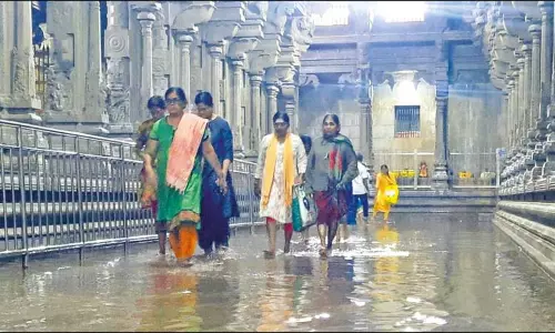 நள்ளிரவில் பலத்த மழை: ராமேசுவரம் கோவிலுக்குள் மழைநீர் புகுந்தது