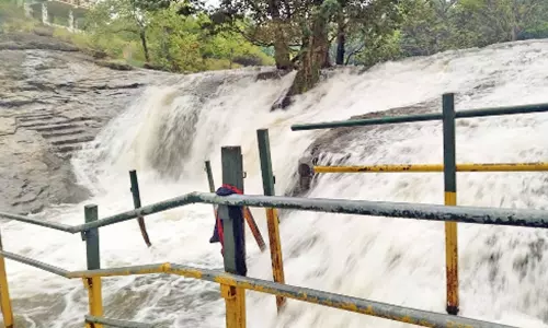 தேனி மாவட்டத்தில் கனமழை: கும்பக்கரை அருவியில் வெள்ளப்பெருக்கால் குளிக்க தடை..! தேனி மாவட்டத்தில் கனமழை: கும்பக்கரை அருவியில் வெள்ளப்பெருக்கால் குளிக்க தடை..!