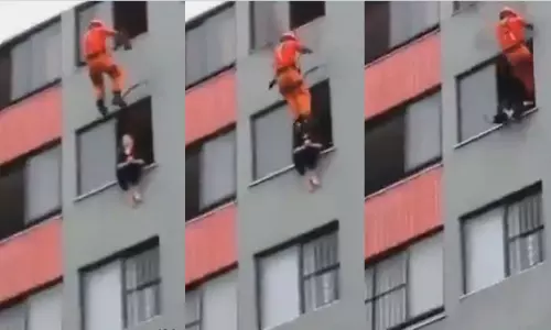 என்ன உதை...!! தற்கொலைக்கு முயன்ற பெண்ணை வினோத முறையில் காப்பாற்றிய வீரர்