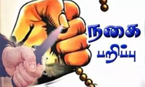லாரி பட்டறை அதிபர் மனைவியிடம் 9½ பவுன் நகை பறிப்பு