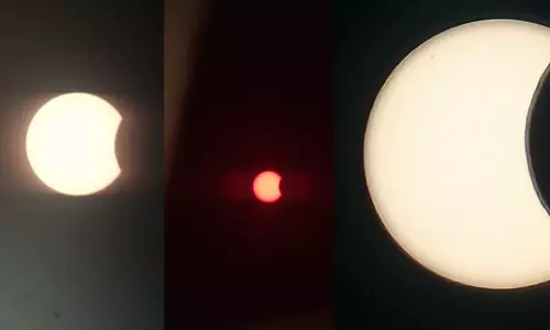 வானில் தோன்றிய அரிய நிகழ்வு;  பல்வேறு நகரங்களில் சூரிய கிரகணத்தை கண்டுகளித்த மக்கள்- புகைபடங்கள்