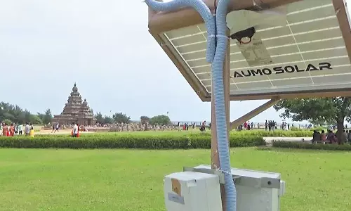 மாமல்லபுரம் கடற்கரை கோவில் வளாகத்தில் தானியங்கி வானிலை கருவி மூலம் மழை அளவு, காற்றின் வேகம் குறித்த தகவல்கள்