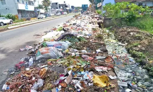 சாலையோரம் குவியும் குப்பைகளால் கடும் துர்நாற்றம் சாலையோரம் குவியும் குப்பைகளால் கடும் துர்நாற்றம்