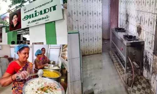 அம்மா உணவக சமையலறையில் குளம் போல் தேங்கியுள்ள கழிவுநீர்