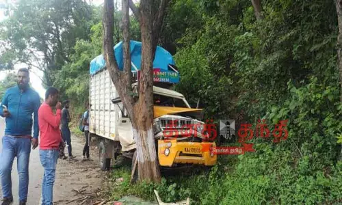 திம்பம் மலைப்பாதையில் மரத்தில் சரக்கு வேன் மோதி விபத்து திம்பம் மலைப்பாதையில் மரத்தில் சரக்கு வேன் மோதி விபத்து