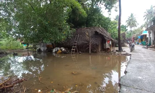 குடிசை பகுதிகளை சூழ்ந்த மழைநீர் குடிசை பகுதிகளை சூழ்ந்த மழைநீர்