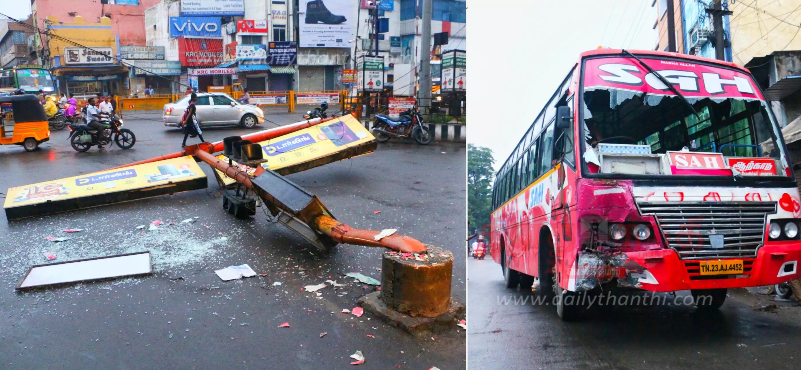 பஸ் மோதி சிக்னல் கம்பம் சாய்ந்தது பஸ் மோதி சிக்னல் கம்பம் சாய்ந்தது