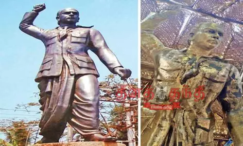 கற்சிலை என புதுப்பித்தபோது வெண்கலம் என தெரியவந்த வாஞ்சிநாதன் சிலை கற்சிலை என புதுப்பித்தபோது வெண்கலம் என தெரியவந்த வாஞ்சிநாதன் சிலை