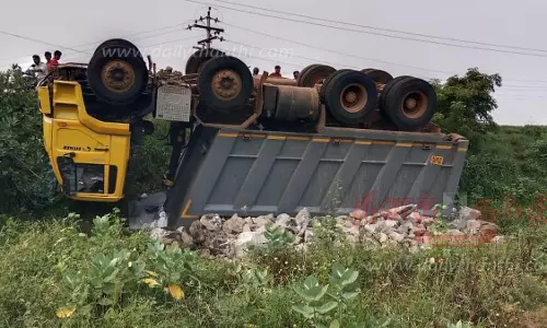 லாரி வயலில் கவிழ்ந்தது