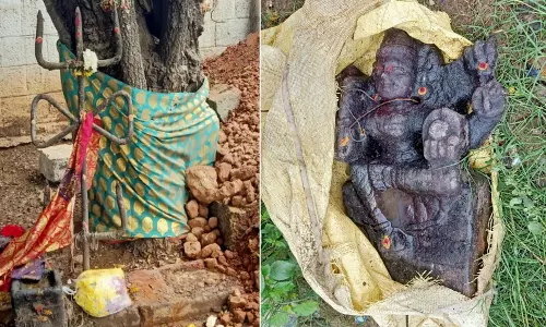 பீடத்தில் இருந்து அகற்றப்பட்டு  புதரில் வீசப்பட்ட சாமி சிலை:  தேனியில் பரபரப்பு