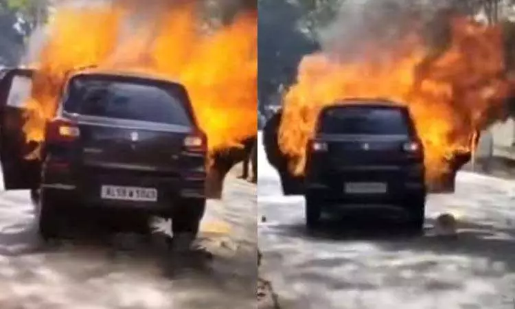 ஓடும் காரில் திடீரென பிடித்த  தீ ..  கர்ப்பிணி பெண்- கணவர் பலியான சோகம்