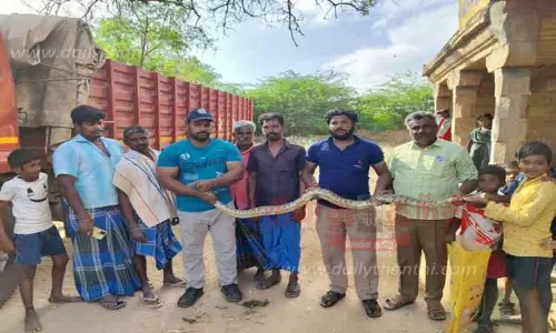 மீன்வலையில் சிக்கிய மலைப்பாம்பு