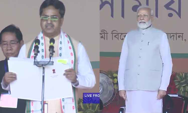 திரிபுரா முதல் மந்திரியாக மாணிக் சகா பதவியேற்பு...!  பிரதமர் மோடி பங்கேற்பு