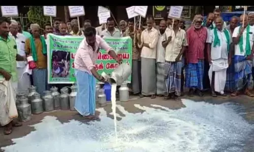 பாலை தரையில் கொட்டி விவசாயிகள் ஆர்ப்பாட்டம்