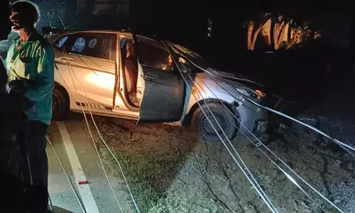 தாறுமாறாக ஓடிய கார், 5 மின்கம்பங்கள் மீது மோதியது