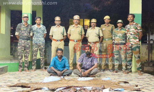 வரட்டுப்பள்ளம் அணைப்பகுதியில் கடமான் வேட்டையாடிய 2 பேர் கைது- 4 போ் தப்பி ஓட்டம்