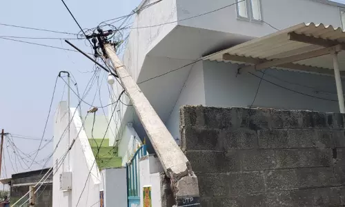 பலத்த சூறைக்காற்றால் மின்கம்பங்கள் சாய்ந்தன