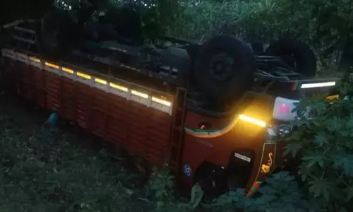 லாரி பள்ளத்தில் கவிழ்ந்து விபத்து