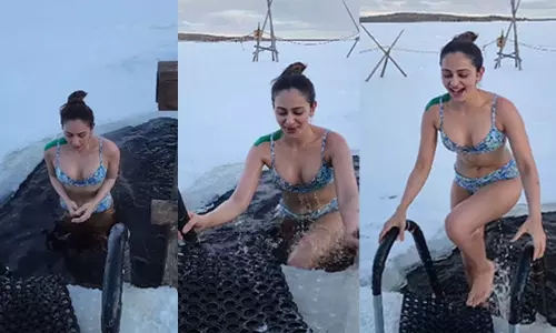 மைனஸ் 15 டிகிரி குளிரில், பனிநீரில் நடிகை ரகுல் பிரீத்சிங்... அதுவும் பிகினியில்