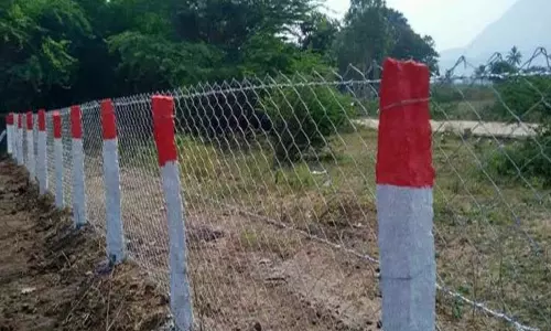 திருத்தணி அருகே மீட்கப்பட்ட நீர்நிலை புறம்போக்கு நிலத்தை சுற்றி இரும்பு வேலி அமைப்பு