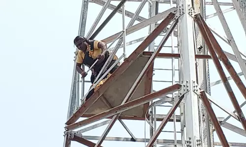 கரூரில் செல்போன் கோபுரம் மீது ஏறி பெண் போராட்டம்