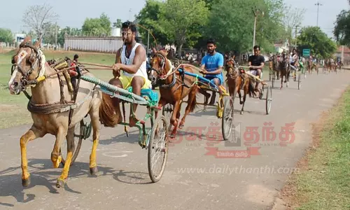 பந்தயத்தில் இலக்கை நோக்கிப்பாய்ந்த குதிரை வண்டிகள்