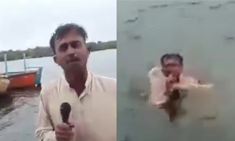 கடலில் குதித்து வானிலை செய்தி வழங்கிய செய்தியாளர் - வைரல் வீடியோ