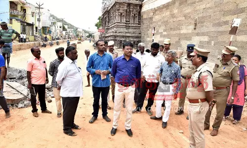 அருணாசலேஸ்வரர் கோவில் மாட வீதியில் சிமெண்டு சாலை அமைக்கும் பணியை கலெக்டர் ஆய்வு