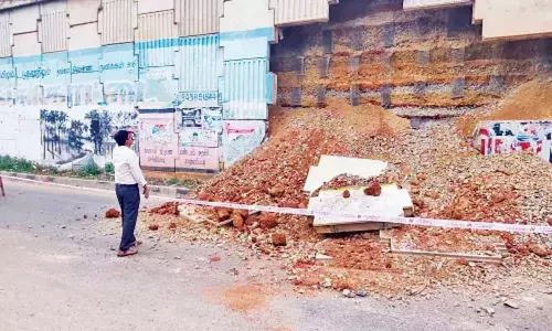 தஞ்சாவூரில் உள்ள உயர்மட்ட பாலத்தின் பக்கவாட்டு சுவர் திடீரென சரிந்து விழுந்ததால் பரபரப்பு..! தஞ்சாவூரில் உள்ள உயர்மட்ட பாலத்தின் பக்கவாட்டு சுவர் திடீரென சரிந்து விழுந்ததால் பரபரப்பு..!