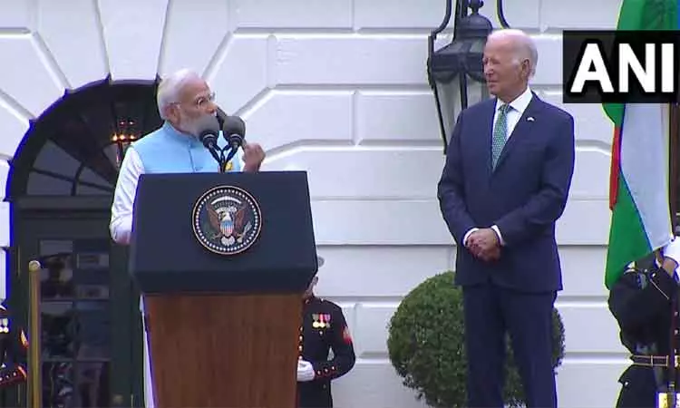‘அமெரிக்க வாழ் இந்தியர்களை பெருமைப்படுத்தியதற்காக ஜோ பைடனுக்கு நன்றி’ - வெள்ளை மாளிகையில் பிரதமர் மோடி பேச்சு ‘அமெரிக்க வாழ் இந்தியர்களை பெருமைப்படுத்தியதற்காக ஜோ பைடனுக்கு நன்றி’ - வெள்ளை மாளிகையில் பிரதமர் மோடி பேச்சு