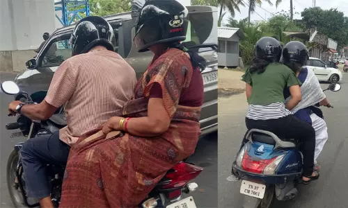 கோவையில் பைக் பின்னால் அமர்ந்து செல்பவருக்கும் ஹெல்மெட் கட்டாயம்: விதிமுறை அமலுக்கு வந்தது கோவையில் பைக் பின்னால் அமர்ந்து செல்பவருக்கும் ஹெல்மெட் கட்டாயம்: விதிமுறை அமலுக்கு வந்தது