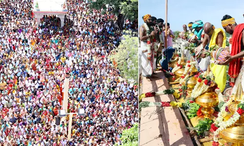 பக்தர்களின் கோவிந்தா கோஷம் விண்ணதிர தாடிக்கொம்பு சவுந்தரராஜ பெருமாள் கோவில் கும்பாபிஷேகம்