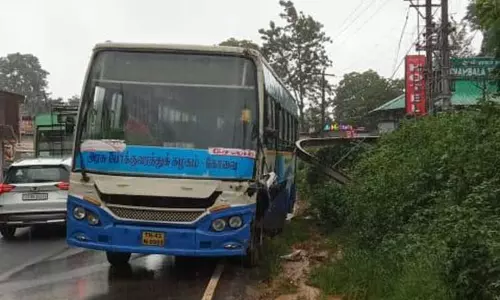 கூடலூரில்  மின்கம்பத்தில் மோதி நின்ற அரசு பஸ்-பயணிகள் உயிர் தப்பினர்