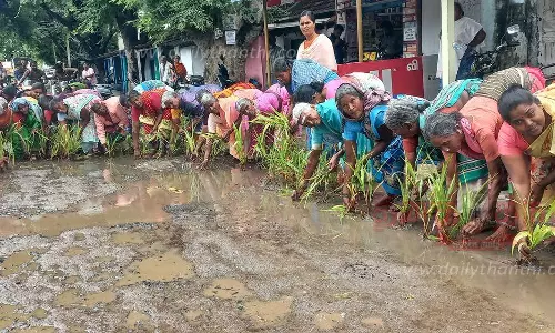 சேதமடைந்த சாலையை சீரமைக்க கோரிபொதுமக்கள் நாற்று நடும் போராட்டம்