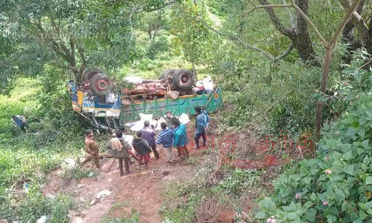 கோழிக்கழிவு ஏற்றி வந்த லாரி, 60 அடி பள்ளத்தில் கவிழ்ந்தது