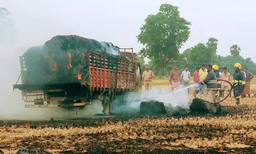 மின் ஒயர் உரசியதில் வைக்கோல் பாரம் ஏற்றிய லாரி தீ பிடித்து எரிந்தது