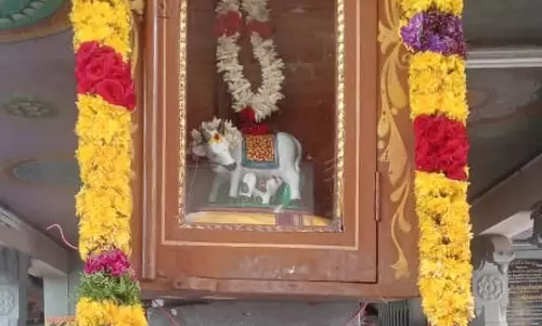 ஆண்டவன் உத்தரவு பெட்டியில்பசு-கன்றுக்குட்டி சிலை வைத்து பூஜை