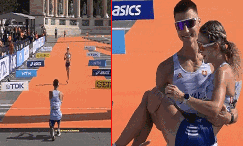 போட்டியில் பந்தய தூரத்தை கடந்த வீராங்கனையிடம் காதலை வெளிப்படுத்திய தடகள வீரர்.! வைரல் வீடியோ போட்டியில் பந்தய தூரத்தை கடந்த வீராங்கனையிடம் காதலை வெளிப்படுத்திய தடகள வீரர்.! வைரல் வீடியோ