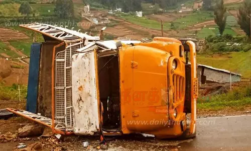 சரக்கு வாகனம் கவிழ்ந்து விபத்து; தொழிலாளி பலி சரக்கு வாகனம் கவிழ்ந்து விபத்து; தொழிலாளி பலி